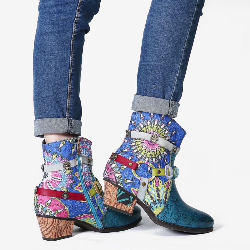 Damen Tribal Printing Splicing Blauer Reißverschluss Low Heel Rubber Short Boots