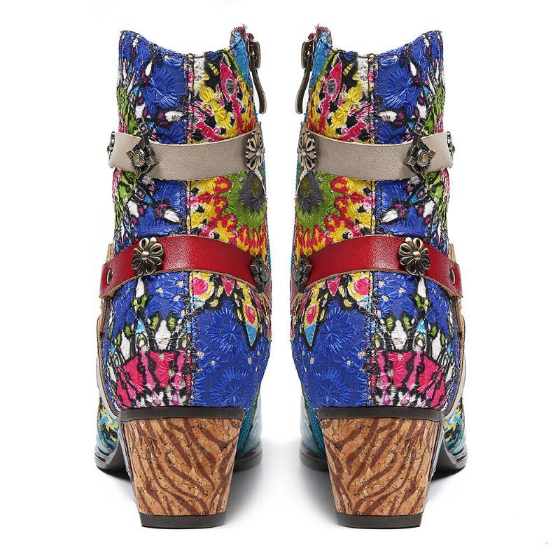 Damen Tribal Printing Splicing Blauer Reißverschluss Low Heel Rubber Short Boots