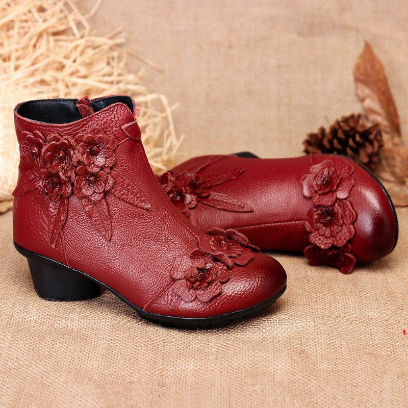 Damen Weinlese Echtes Leder Handgemachte Blumen Niedriger Absatz Knöchel Kurzschluss Stiefel