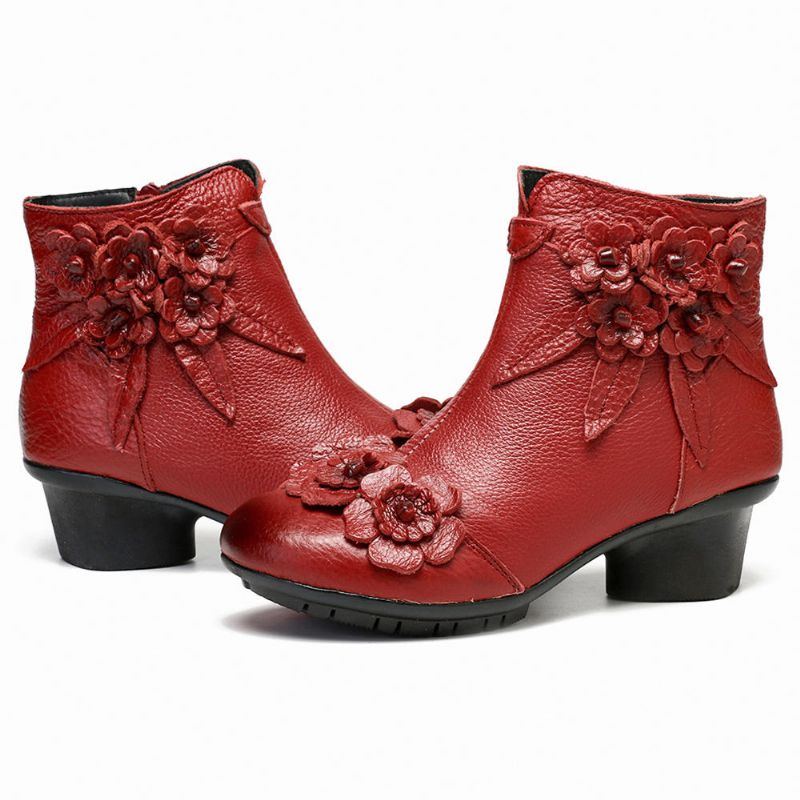 Damen Weinlese Echtes Leder Handgemachte Blumen Niedriger Absatz Knöchel Kurzschluss Stiefel