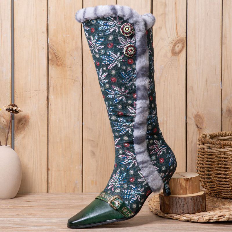 Damen Weinlese Leder Patchwork Plüsch Spitze Blumendruck Dünne Absatz Hohe Stiefel