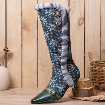 Damen Weinlese Leder Patchwork Plüsch Spitze Blumendruck Dünne Absatz Hohe Stiefel