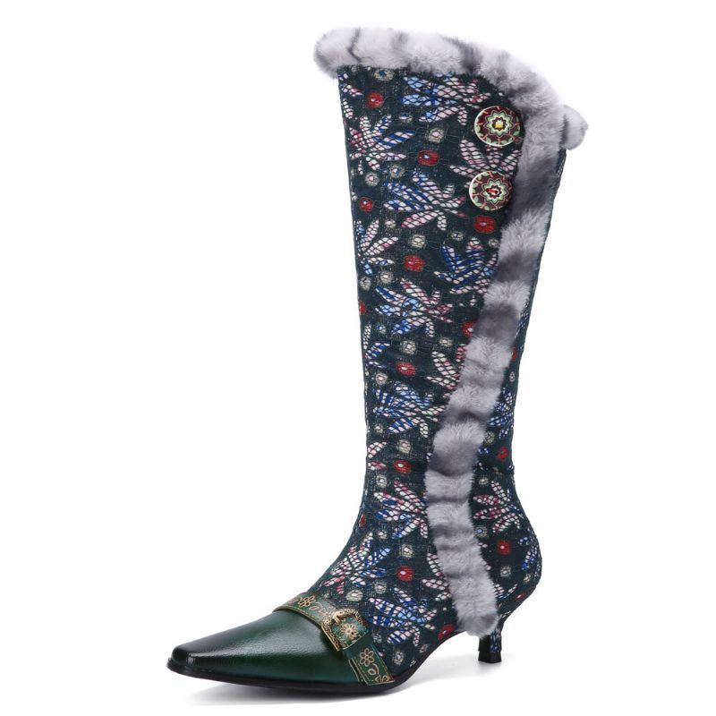 Damen Weinlese Leder Patchwork Plüsch Spitze Blumendruck Dünne Absatz Hohe Stiefel