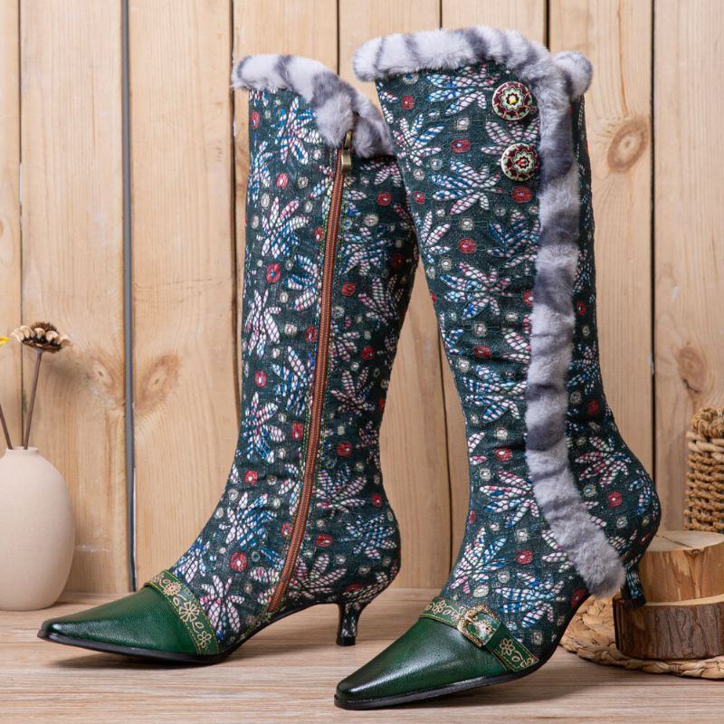 Damen Weinlese Leder Patchwork Plüsch Spitze Blumendruck Dünne Absatz Hohe Stiefel