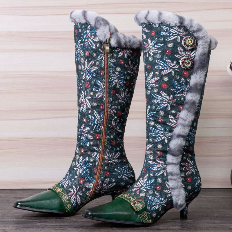 Damen Weinlese Leder Patchwork Plüsch Spitze Blumendruck Dünne Absatz Hohe Stiefel