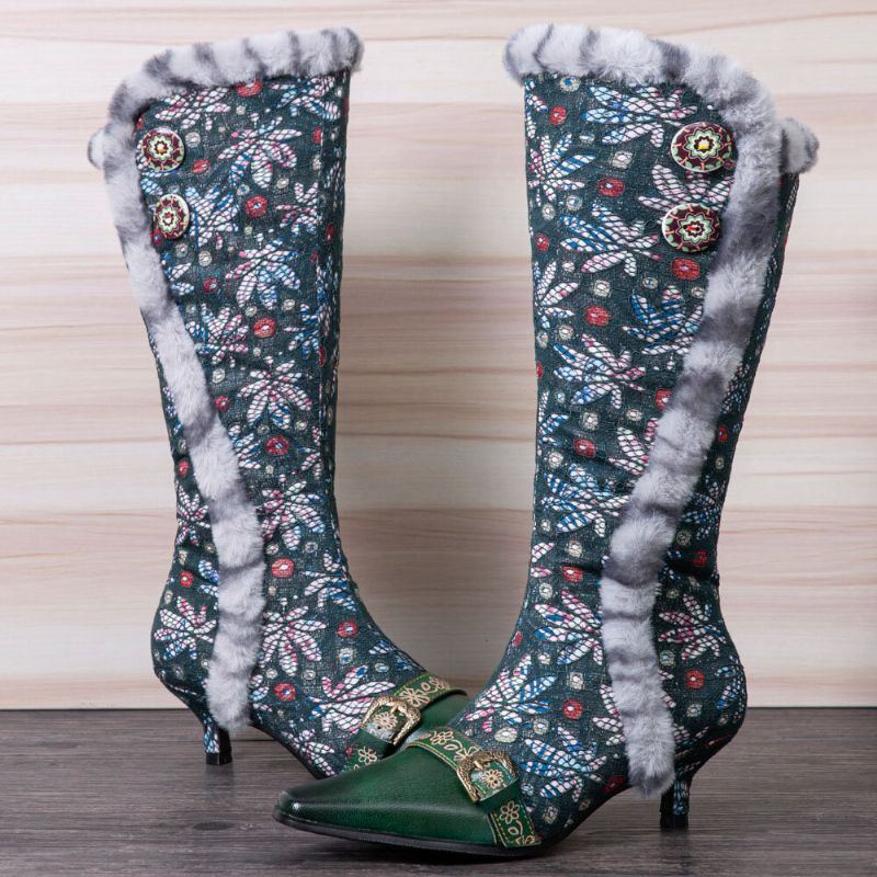 Damen Weinlese Leder Patchwork Plüsch Spitze Blumendruck Dünne Absatz Hohe Stiefel