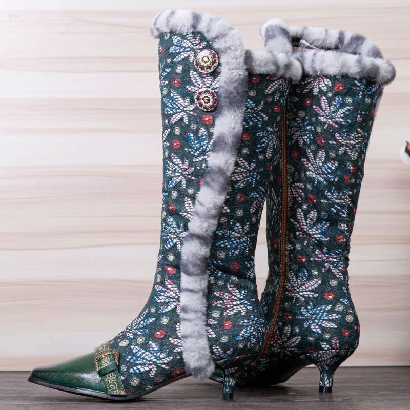 Damen Weinlese Leder Patchwork Plüsch Spitze Blumendruck Dünne Absatz Hohe Stiefel