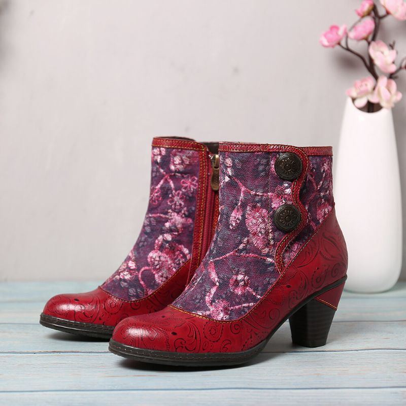 Geprägte Echtleder Spleiß Folkways Blumen High Heel Reißverschlussstiefel Für Damen