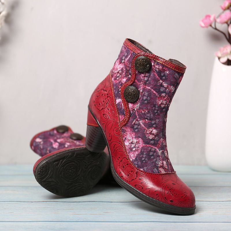 Geprägte Echtleder Spleiß Folkways Blumen High Heel Reißverschlussstiefel Für Damen