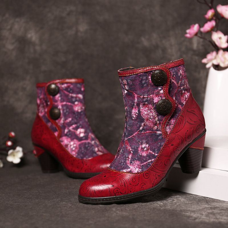 Geprägte Echtleder Spleiß Folkways Blumen High Heel Reißverschlussstiefel Für Damen