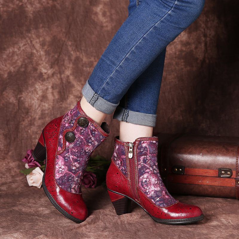 Geprägte Echtleder Spleiß Folkways Blumen High Heel Reißverschlussstiefel Für Damen