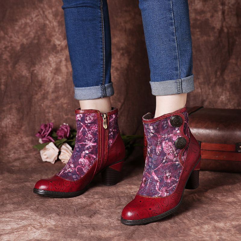 Geprägte Echtleder Spleiß Folkways Blumen High Heel Reißverschlussstiefel Für Damen