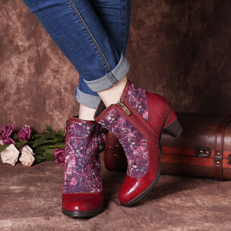 Geprägte Echtleder Spleiß Folkways Blumen High Heel Reißverschlussstiefel Für Damen