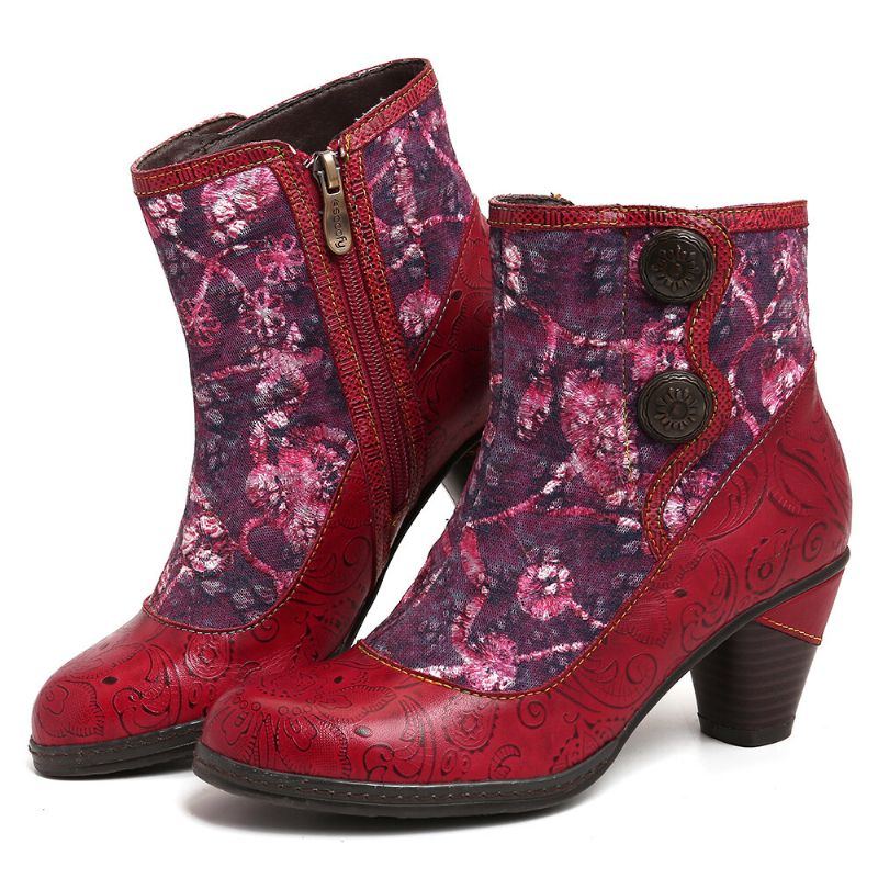 Geprägte Echtleder Spleiß Folkways Blumen High Heel Reißverschlussstiefel Für Damen