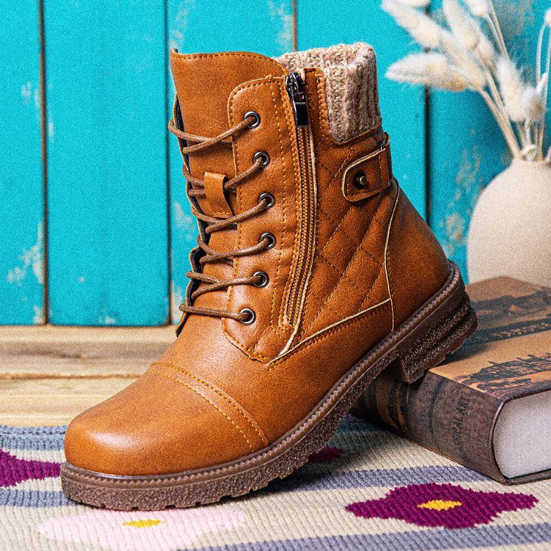 Große Damen Casual Soft Comfy Warm Gefütterte Patchwork Kampfstiefel Aus Wolle Mit Seitlichem Reißverschluss