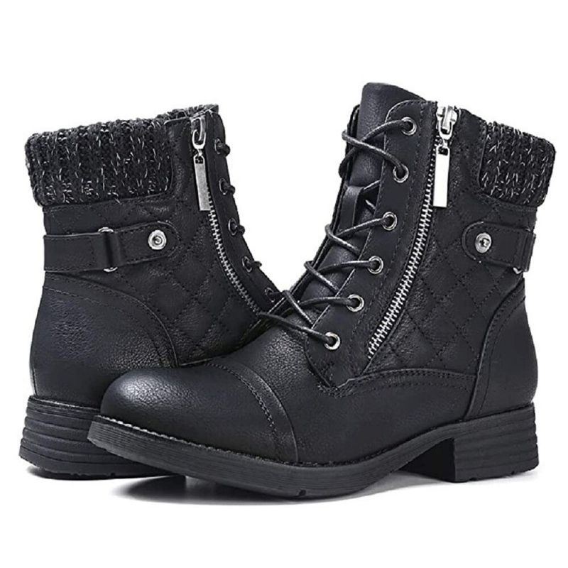 Große Damen Casual Soft Comfy Warm Gefütterte Patchwork Kampfstiefel Aus Wolle Mit Seitlichem Reißverschluss