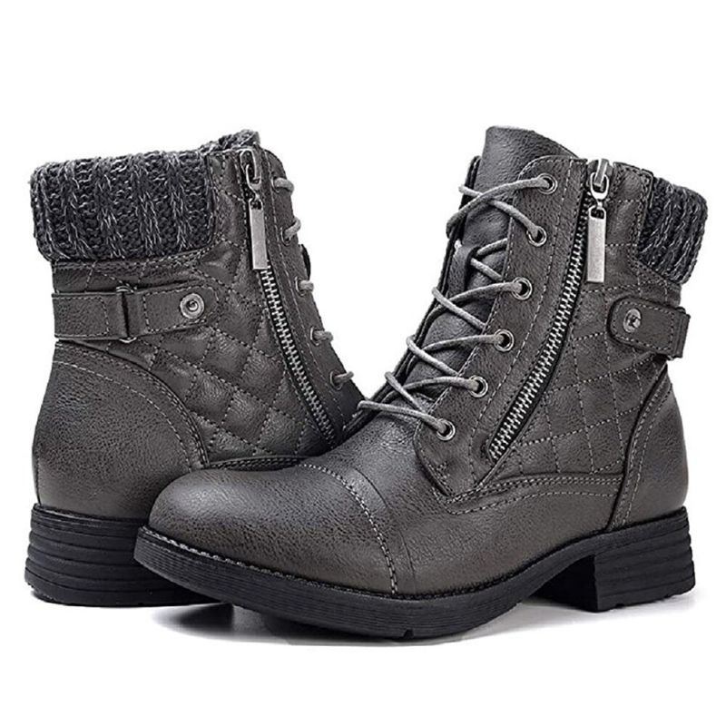 Große Damen Casual Soft Comfy Warm Gefütterte Patchwork Kampfstiefel Aus Wolle Mit Seitlichem Reißverschluss