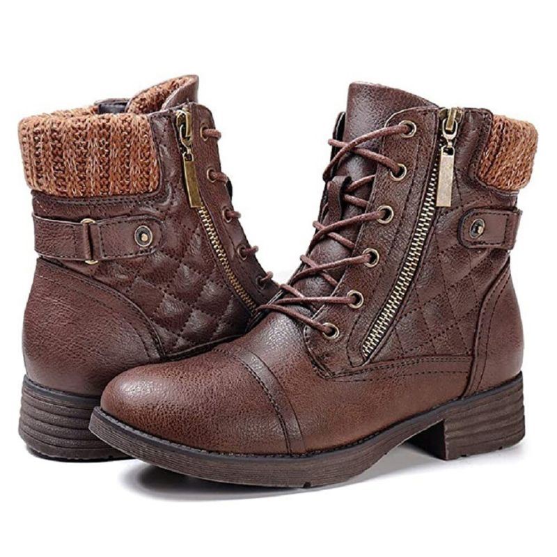 Große Damen Casual Soft Comfy Warm Gefütterte Patchwork Kampfstiefel Aus Wolle Mit Seitlichem Reißverschluss