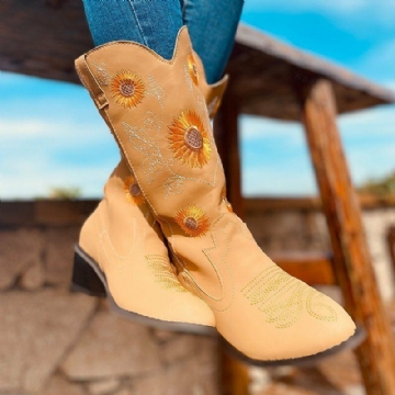 Große Damen Cowboystiefel Mit Gänseblümchen Stickerei Klobigem Absatz Und Spitzer Zehenpartie