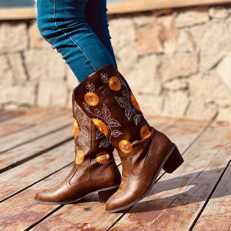 Große Damen Cowboystiefel Mit Gänseblümchen Stickerei Klobigem Absatz Und Spitzer Zehenpartie