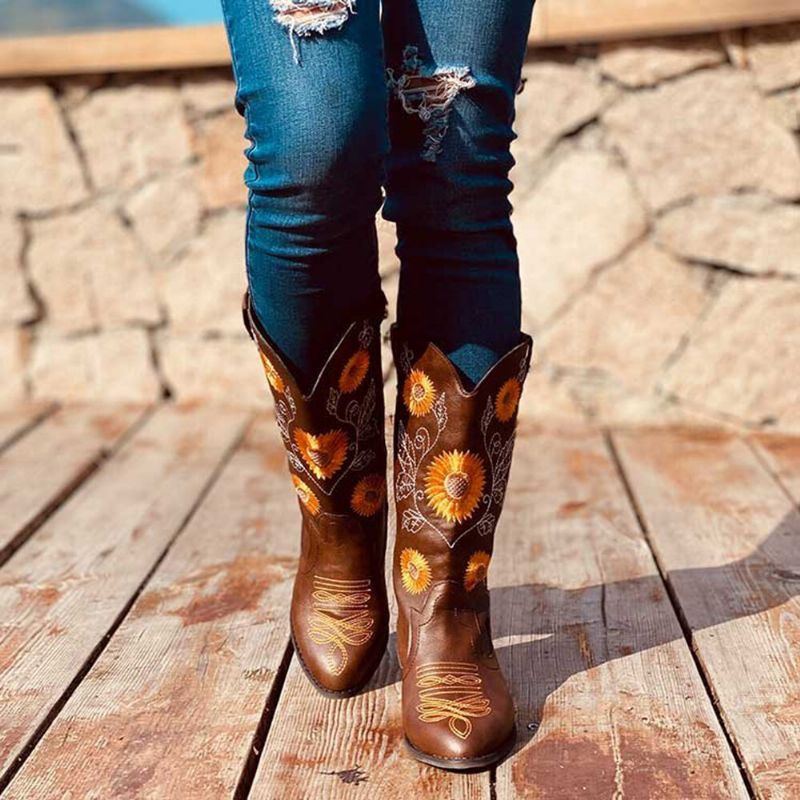 Große Damen Cowboystiefel Mit Gänseblümchen Stickerei Klobigem Absatz Und Spitzer Zehenpartie