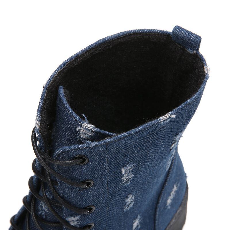 Große Damen Denim Schnürstiefel Mit Dicker Ferse Und Runder Zehenpartie