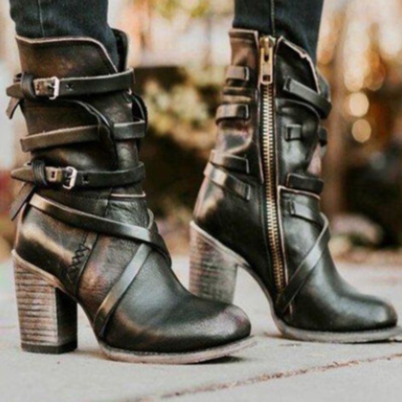 Große Damen Motorrad Schnalle Riemchen Reißverschluss High Heel Stiefeletten