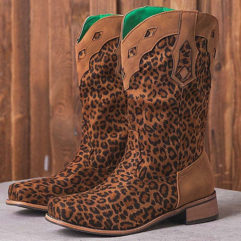 Große Damen Retro Ethnic Comfy Square Toe Leopard Cowboystiefel