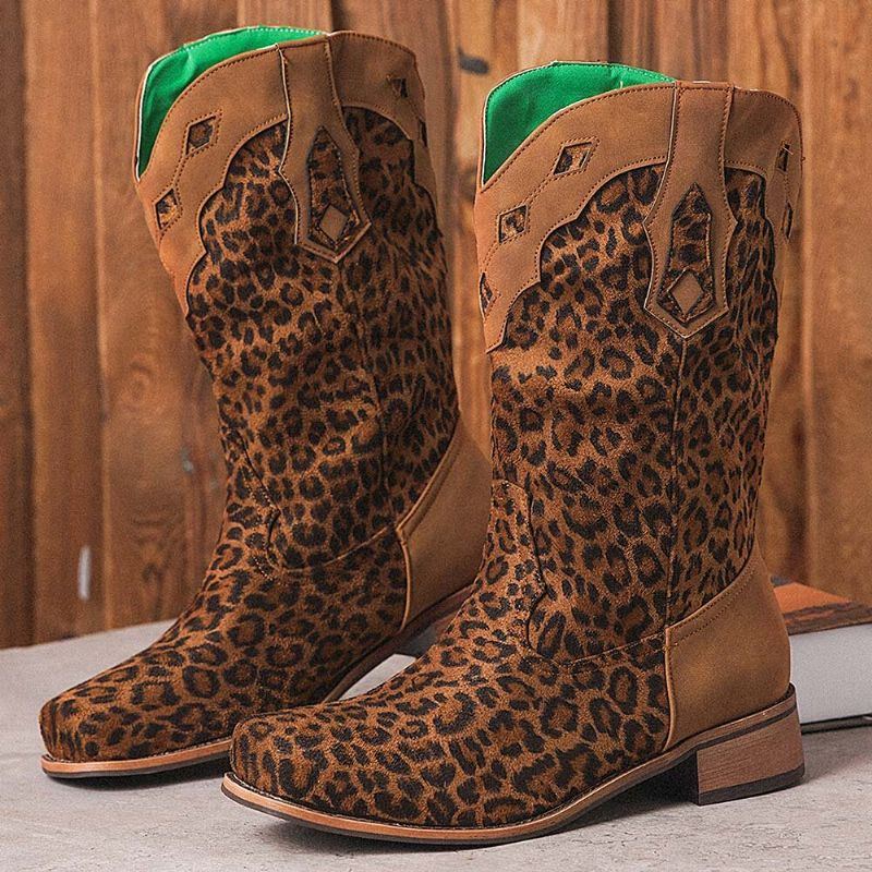 Große Damen Retro Ethnic Comfy Square Toe Leopard Cowboystiefel