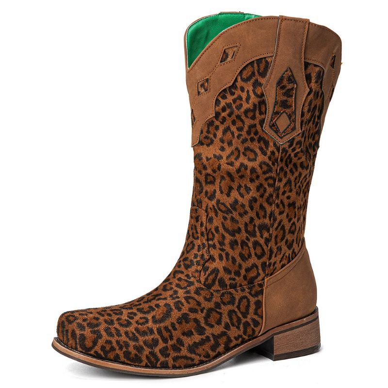 Große Damen Retro Ethnic Comfy Square Toe Leopard Cowboystiefel