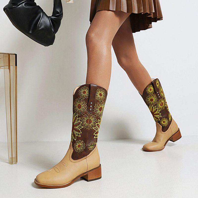 Große Damen Retro Ethno Blumenbestickte Bequeme Eckige Zehen Chunky Absatz Cowboystiefel