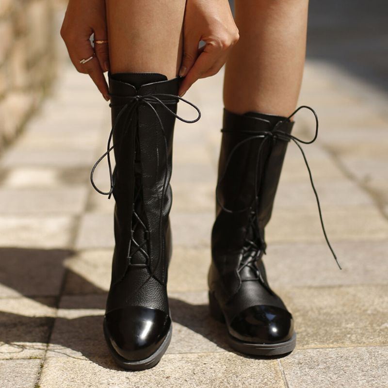 Große Damen Schnürstiefel Mit Blockabsatz Und Mittlerer Wade