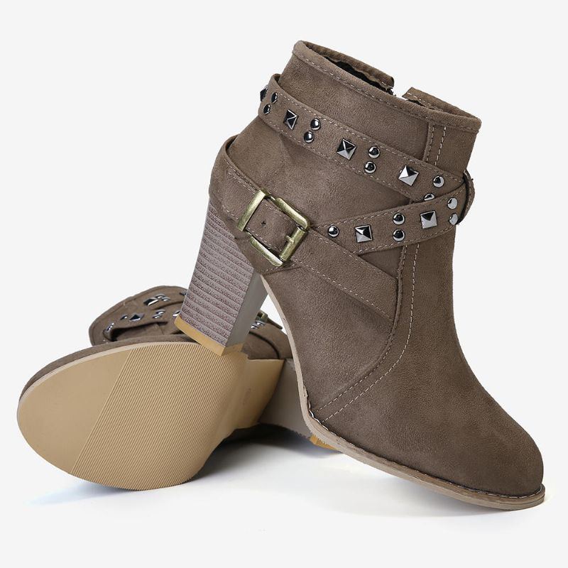 Große Damenmode Wildleder Niet Reißverschluss High Chunky Heel Kurze Stiefeletten