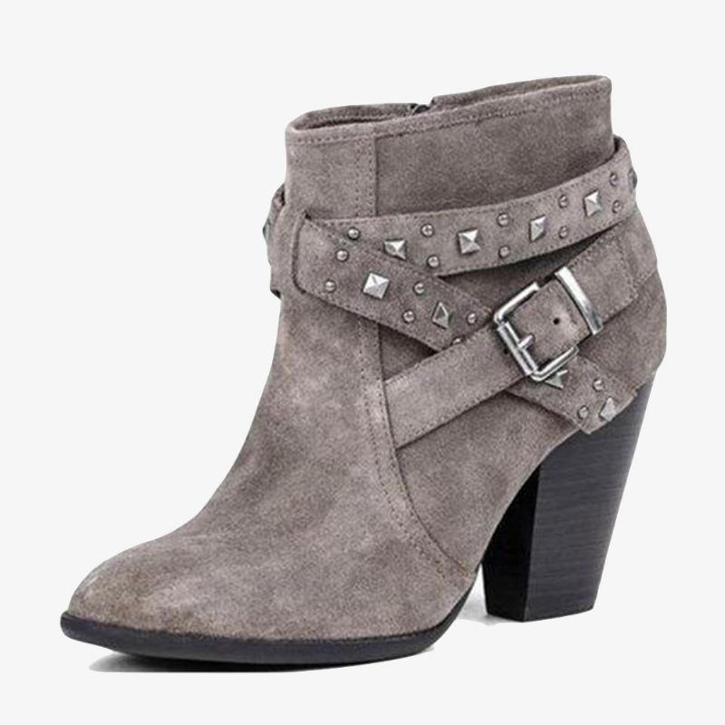 Große Damenmode Wildleder Niet Reißverschluss High Chunky Heel Kurze Stiefeletten