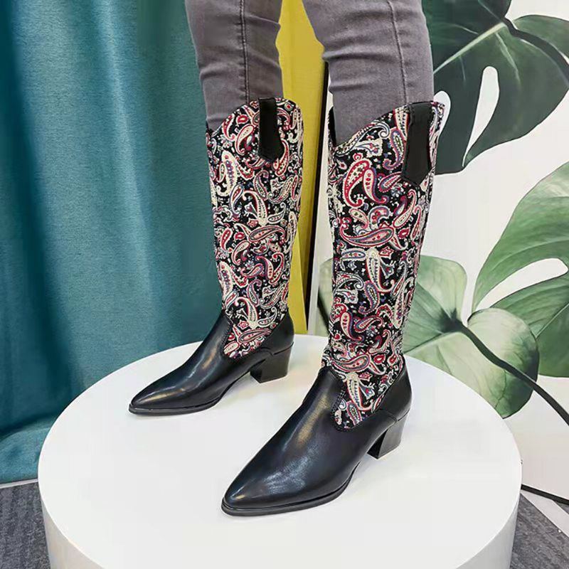 Große Größe Damen Ethno Paisley Muster Reißverschluss Mit Spitzer Zehenpartie Und Klobigem Absatz Cowboystiefel