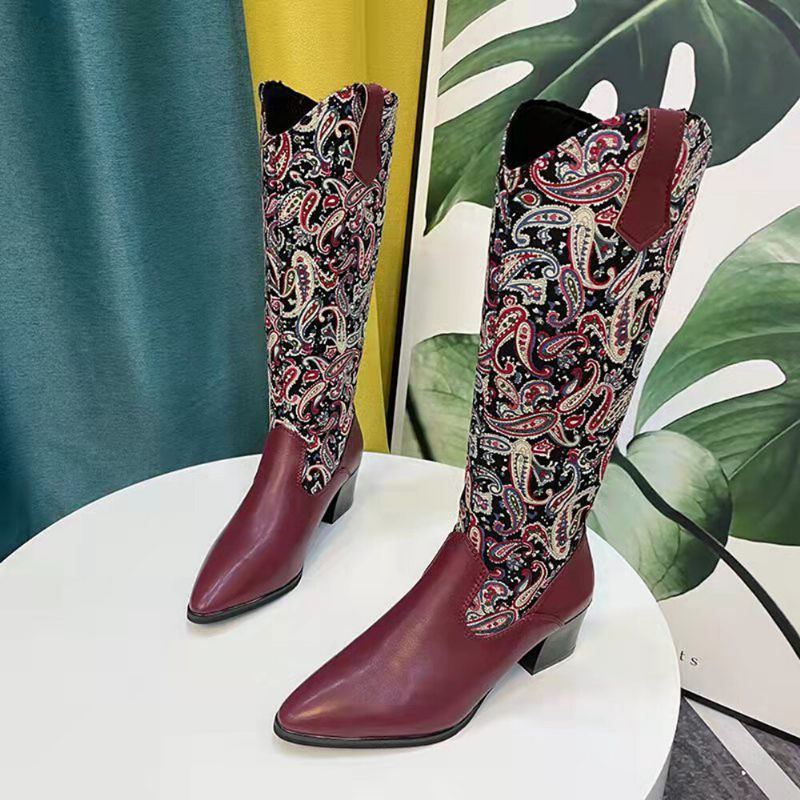 Große Größe Damen Ethno Paisley Muster Reißverschluss Mit Spitzer Zehenpartie Und Klobigem Absatz Cowboystiefel