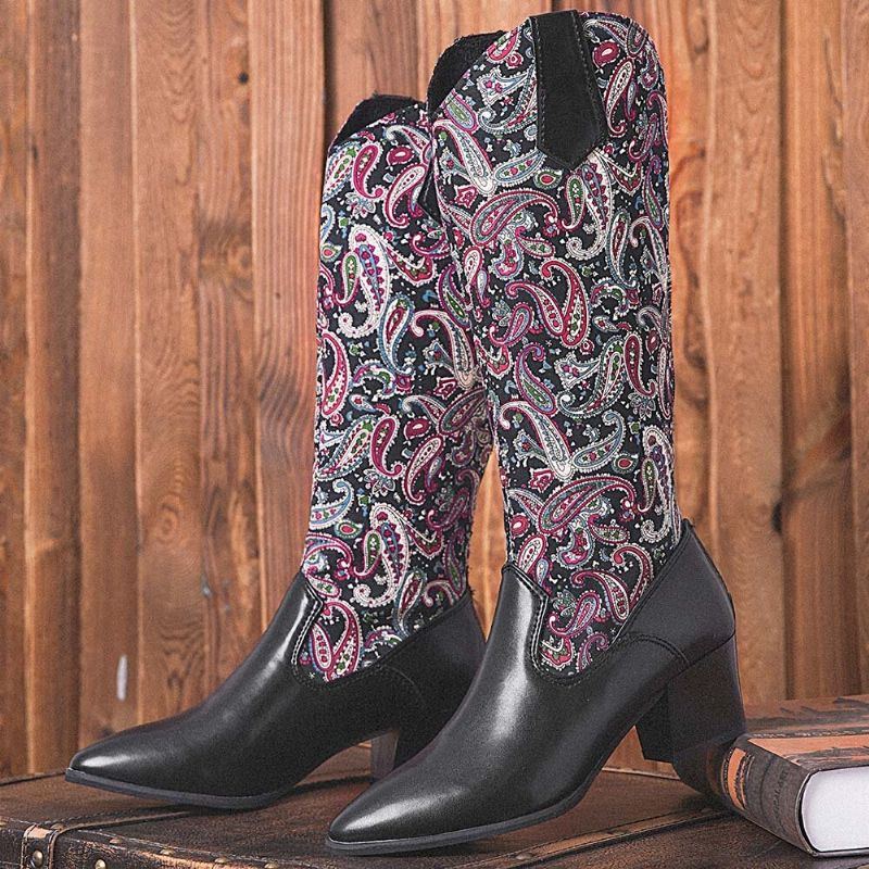 Große Größe Damen Ethno Paisley Muster Reißverschluss Mit Spitzer Zehenpartie Und Klobigem Absatz Cowboystiefel