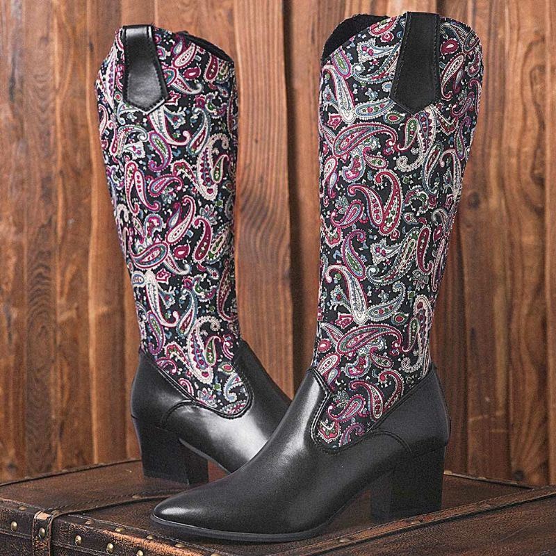 Große Größe Damen Ethno Paisley Muster Reißverschluss Mit Spitzer Zehenpartie Und Klobigem Absatz Cowboystiefel