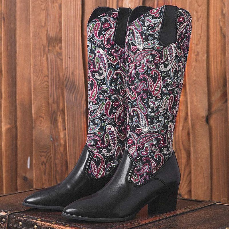 Große Größe Damen Ethno Paisley Muster Reißverschluss Mit Spitzer Zehenpartie Und Klobigem Absatz Cowboystiefel