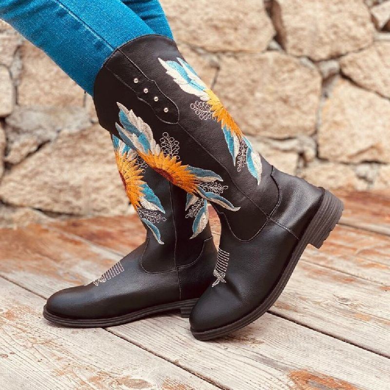 Große Mit Sonnenblumen Bestickte Weiche Bequeme Cowboystiefel Mit Blockabsatz