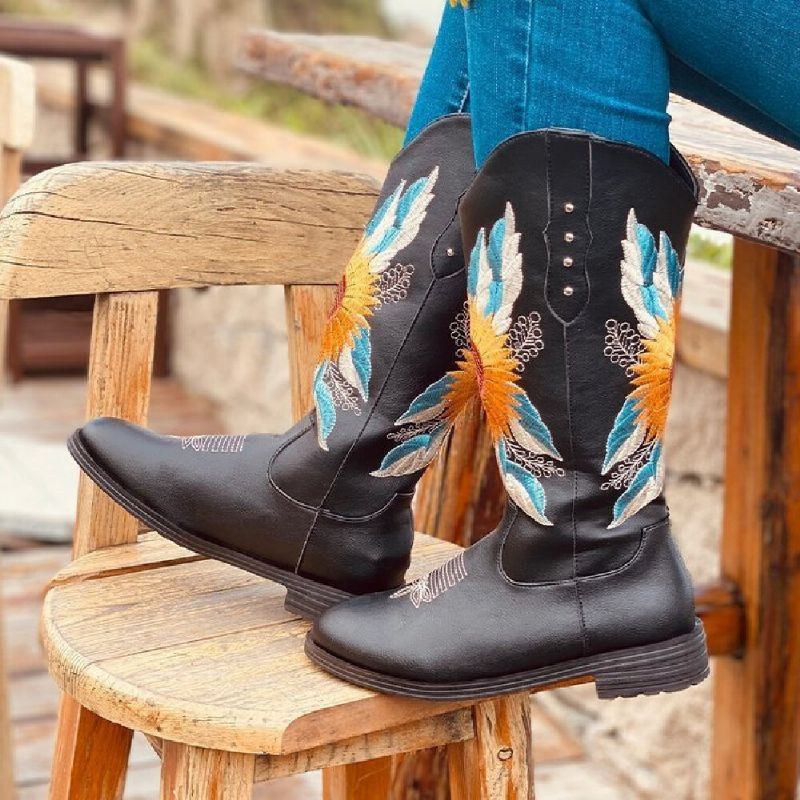 Große Mit Sonnenblumen Bestickte Weiche Bequeme Cowboystiefel Mit Blockabsatz