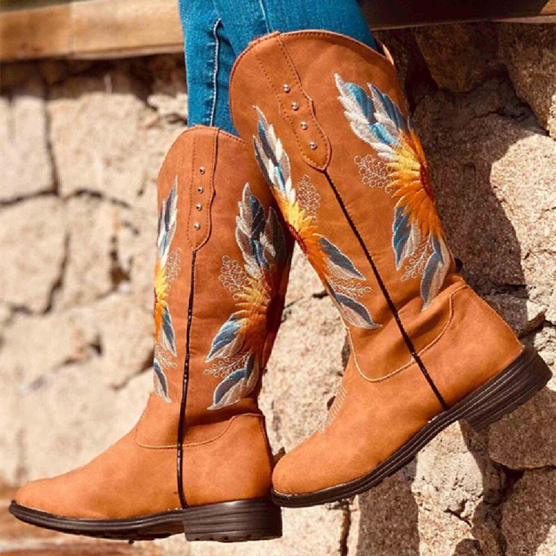 Große Mit Sonnenblumen Bestickte Weiche Bequeme Cowboystiefel Mit Blockabsatz