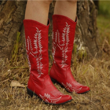 Große Retro Cowboystiefel Mit Spitzer Zehenpartie Und Besticktem Blockabsatz Für Damen