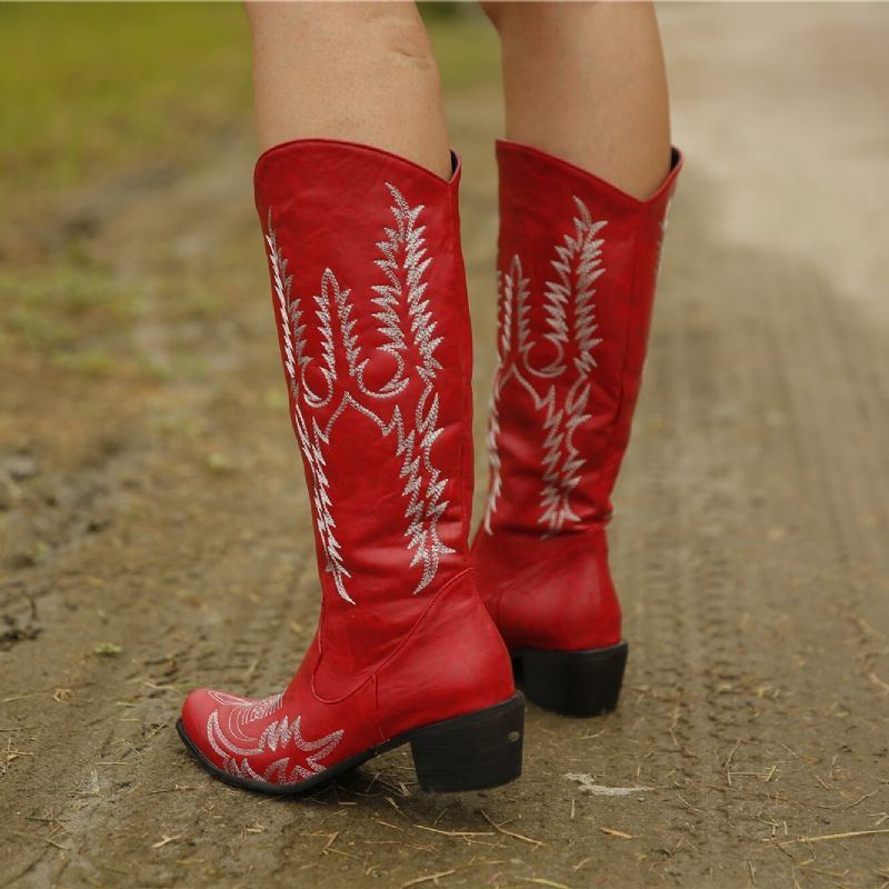 Große Retro Cowboystiefel Mit Spitzer Zehenpartie Und Besticktem Blockabsatz Für Damen