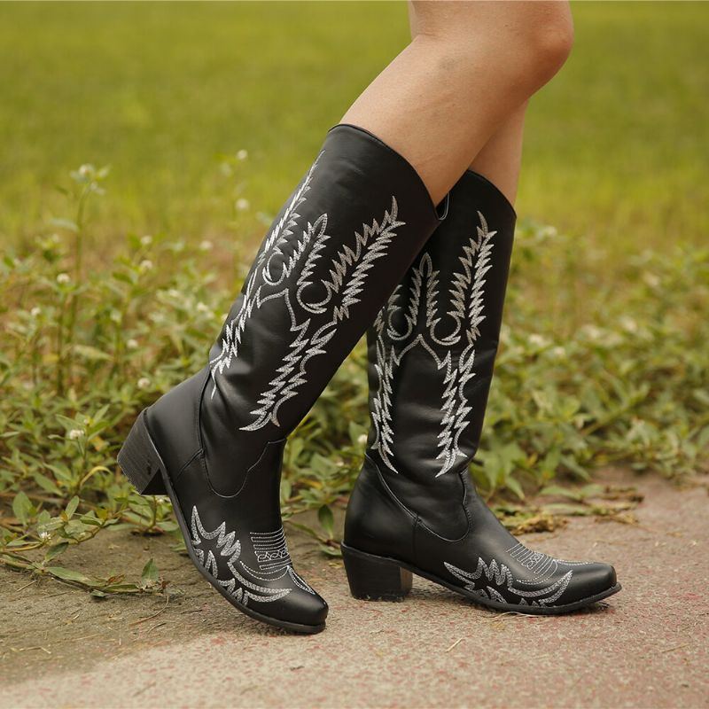 Große Retro Cowboystiefel Mit Spitzer Zehenpartie Und Besticktem Blockabsatz Für Damen