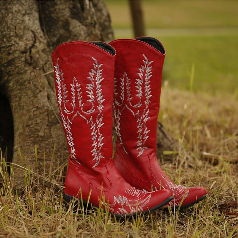 Große Retro Cowboystiefel Mit Spitzer Zehenpartie Und Besticktem Blockabsatz Für Damen