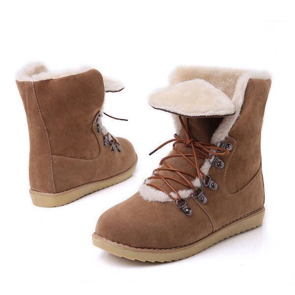 Große Winter Damen Flachstiefel Halten Warm Lässige Schnür Schneestiefel