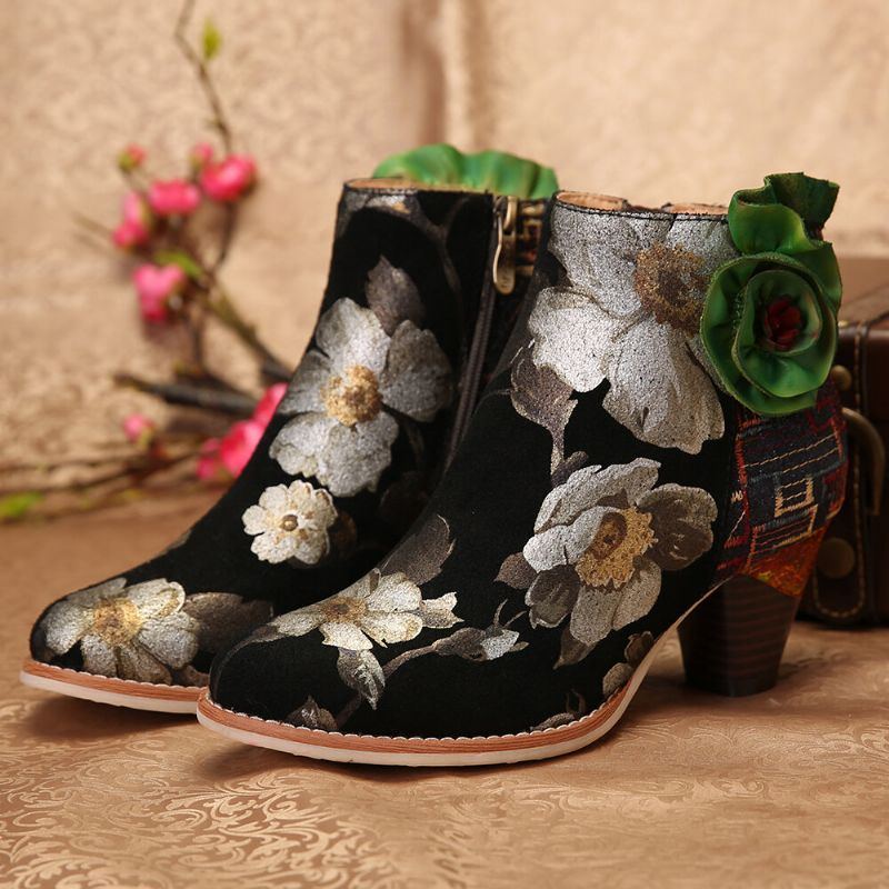 Grüne Blumen Echtes Leder Spleißen Reißverschluss Elegante Stiefeletten Des Hohen Absatzes Der Damen