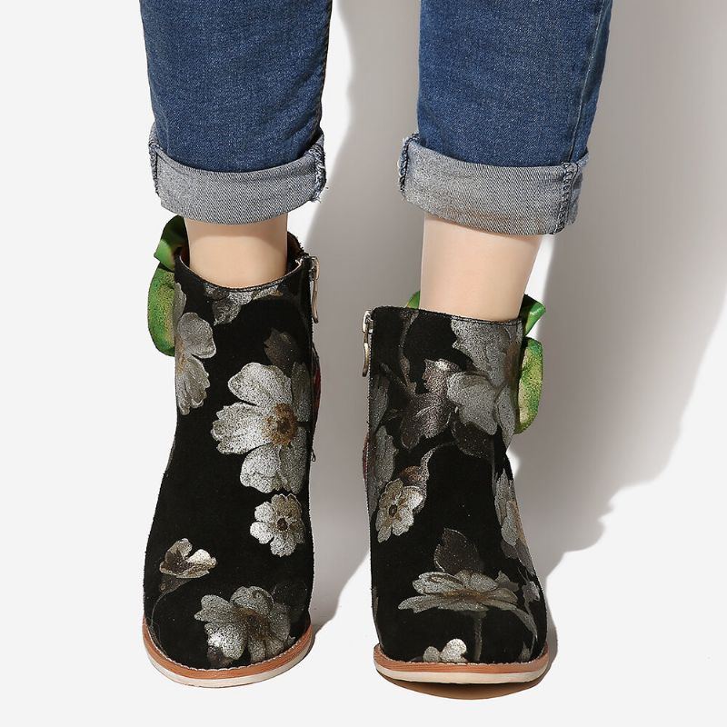 Grüne Blumen Echtes Leder Spleißen Reißverschluss Elegante Stiefeletten Des Hohen Absatzes Der Damen