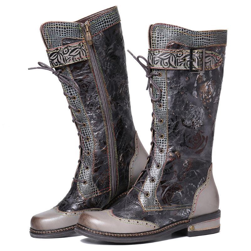 Halbhohe Damenstiefel Aus Echtem Leder Mit Metallschnalle Und Geprägtem Rosenmuster